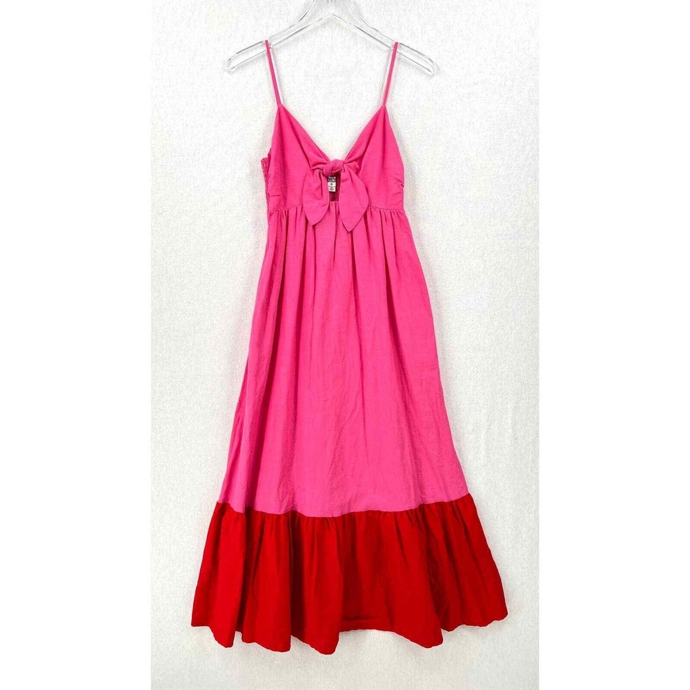 TABITHA BROWN X TARGET Tie Front Linen Maxi Dress XS Pink Red Colorblock Strappy - Picture 3 of 14